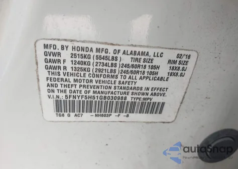 2016 Honda Pilot Ex-L z USA, uszkodzony, nr VIN 5FNYF5H51GB030988